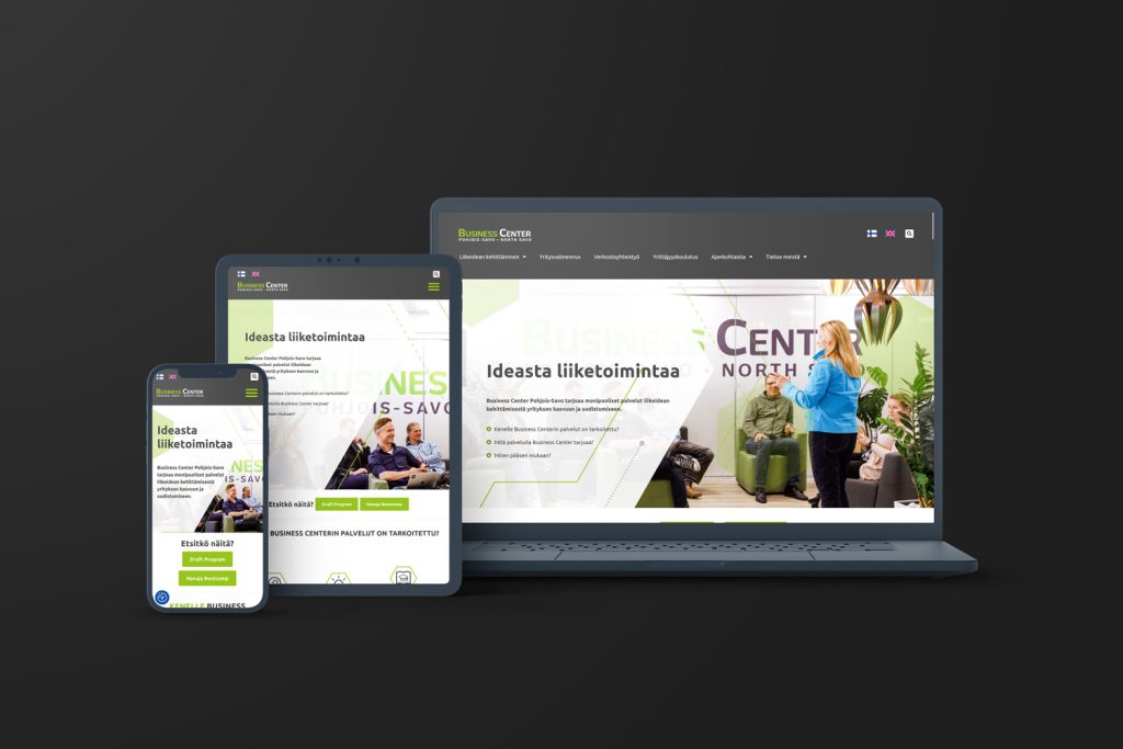 Mockup-kuva Business Centerin responsiivisesta verkkosivustosta tietokoneen, tabletin ja älypuhelimen näytöillä.