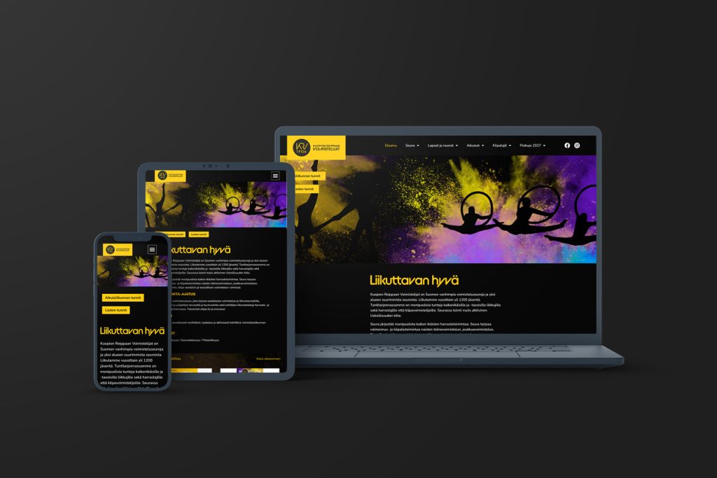 Mockup-kuva KRV:n responsiivisesta verkkosivustosta tietokoneen, tabletin ja älypuhelimen näytöillä.