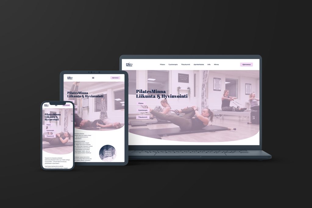 Mockup-kuva PilatesMinnan responsiivisesta verkkosivustosta tietokoneen, tabletin ja älypuhelimen näytöillä.