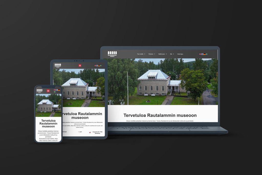 Mockup-kuva Rautalammin museon responsiivisesta verkkosivustosta tietokoneen, tabletin ja älypuhelimen näytöillä.
