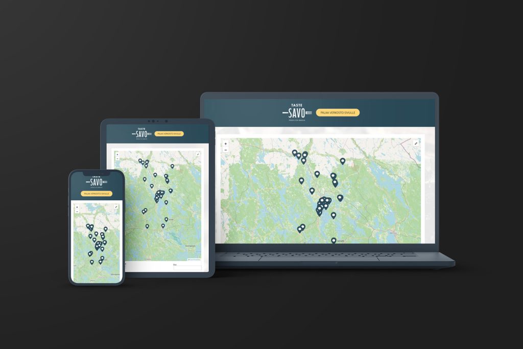 Mockup-kuva TasteSavo Kartalla responsiivisesta verkkosivustosta tietokoneen, tabletin ja älypuhelimen näytöillä.