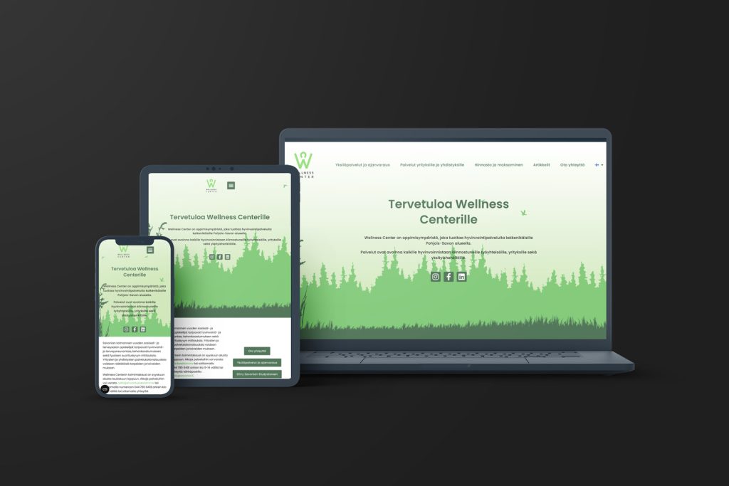 Mockup-kuva Wellness Centerin responsiivisesta verkkosivustosta tietokoneen, tabletin ja älypuhelimen näytöillä.