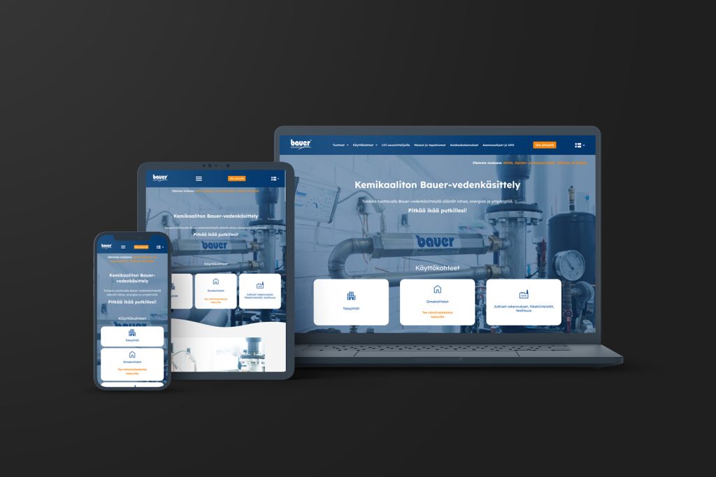 Mockup-kuva Bauer Solutionsin responsiivisesta verkkosivustosta tietokoneen, tabletin ja älypuhelimen näytöillä.