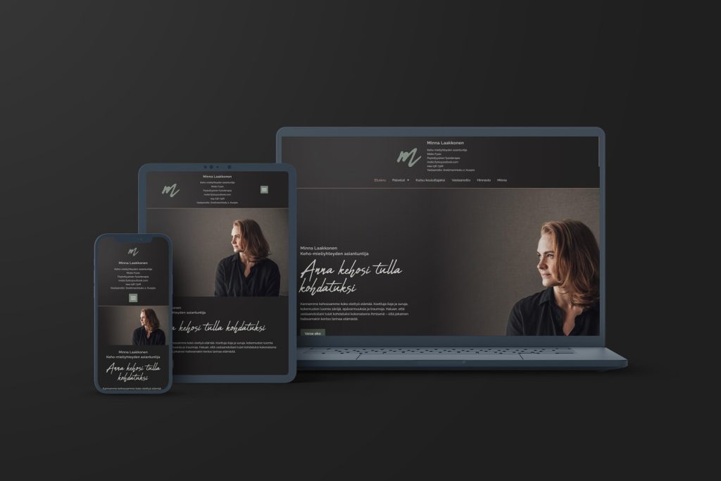 Mockup-kuva Minna Laakkosen responsiivisesta verkkosivustosta tietokoneen, tabletin ja älypuhelimen näytöillä.