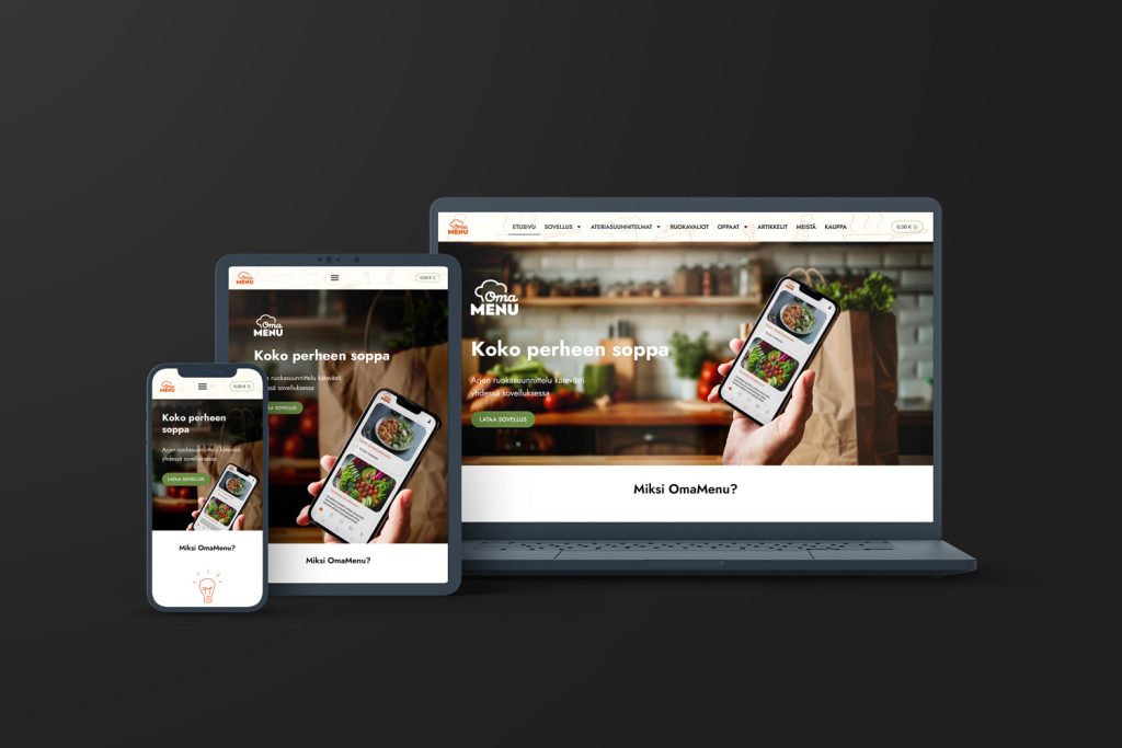 Mockup-kuva OmaMenun responsiivisesta verkkosivustosta tietokoneen, tabletin ja älypuhelimen näytöillä.